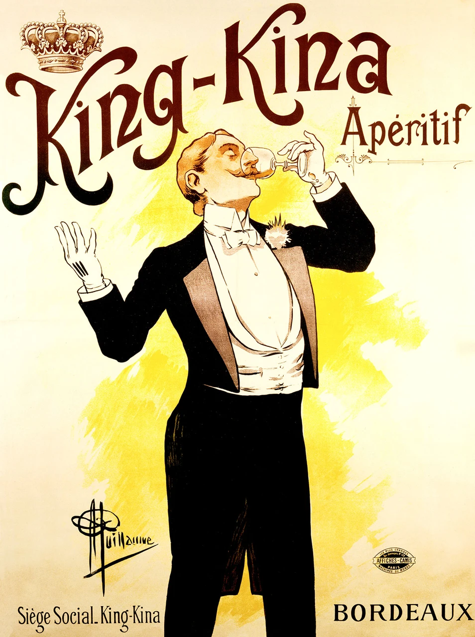 King-Kina Aperitif Vintage Poster by Guillaume 1897 French Wine and Spirits Advertisement – High Quality Giclee Reproduction Fine Art Print. Featuring a dapper man in a tuxedo, raising a glass of King-Kina aperitif with a satisfied expression, set against a vibrant yellow background with the elegant brand logo and crown at the top.