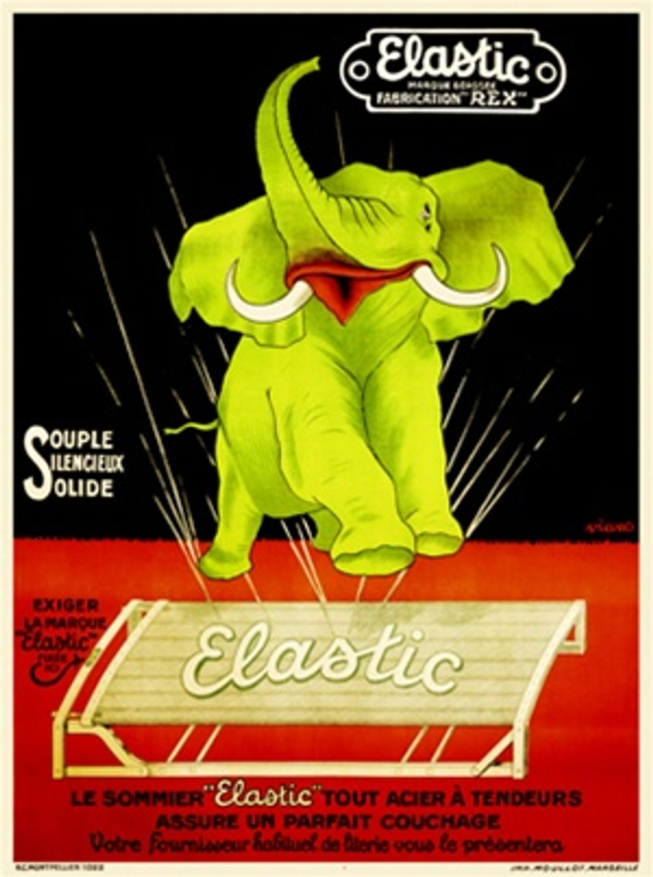 Elastic Vintage Poster by Viano 1930 French Bed Frames and Furniture Advertisement – High Quality Giclee Reproduction Fine Art Print. Featuring a vibrant illustration of a green elephant leaping energetically, with its ears flapping, above a bed frame, set against a bold red and black background, highlighting the product's flexibility and strength.