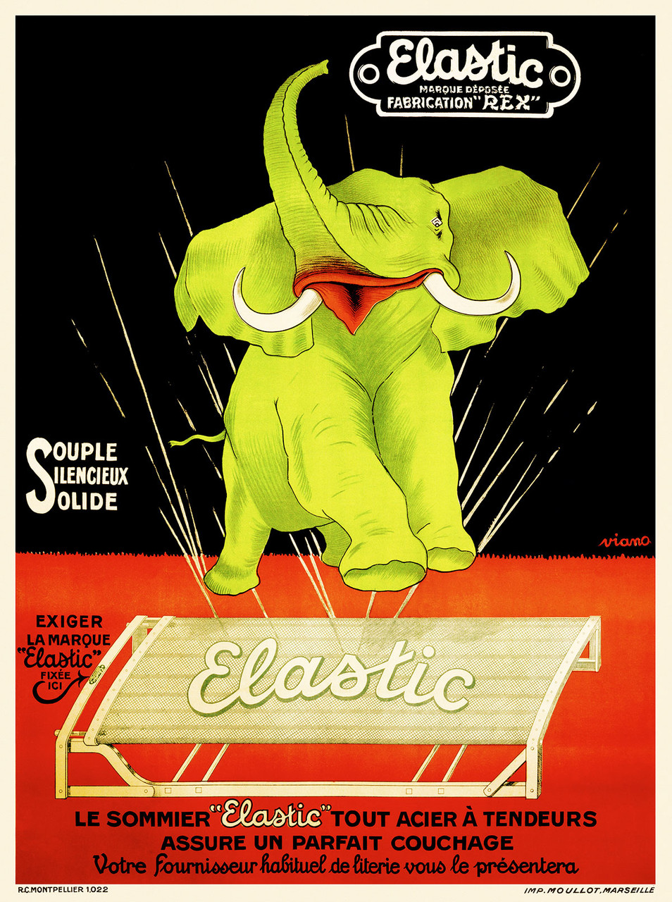 Elastic Vintage Poster by Viano 1930 French Bed Frames and Furniture Advertisement – High Quality Giclee Reproduction Fine Art Print. Featuring a vibrant illustration of a green elephant leaping energetically, with its ears flapping, above a bed frame, set against a bold red and black background, highlighting the product's flexibility and strength.