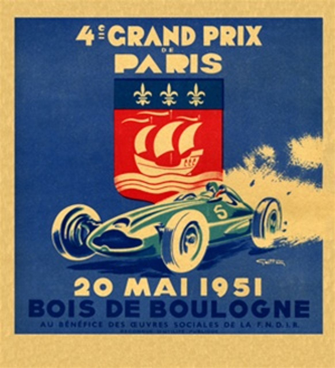4ie Grand Prix de Paris by G. Ham 1951 France - Vintage Poster Reproductions. This vertical French transportation poster features race car number 5 with a seal behind it of a ship against a blue background. Giclee Advertising Print. Classic Posters