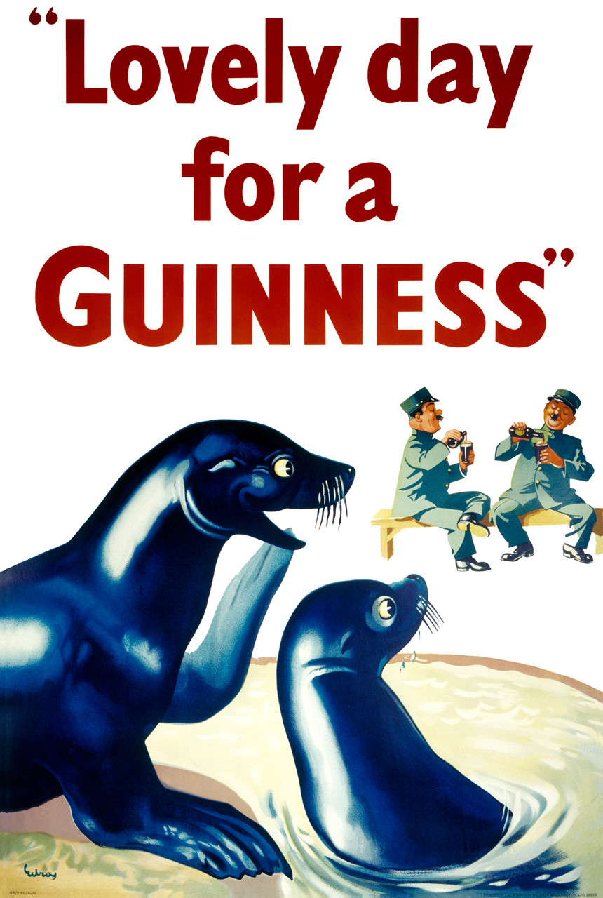 Lovely day for a Guinness by Gilroy 1954 England Vintage Poster Reproduction. This vertical English wine and spirits poster features two seals looking at the zoo keepers drinking beers. Giclee Advertising Prints. Classic Posters