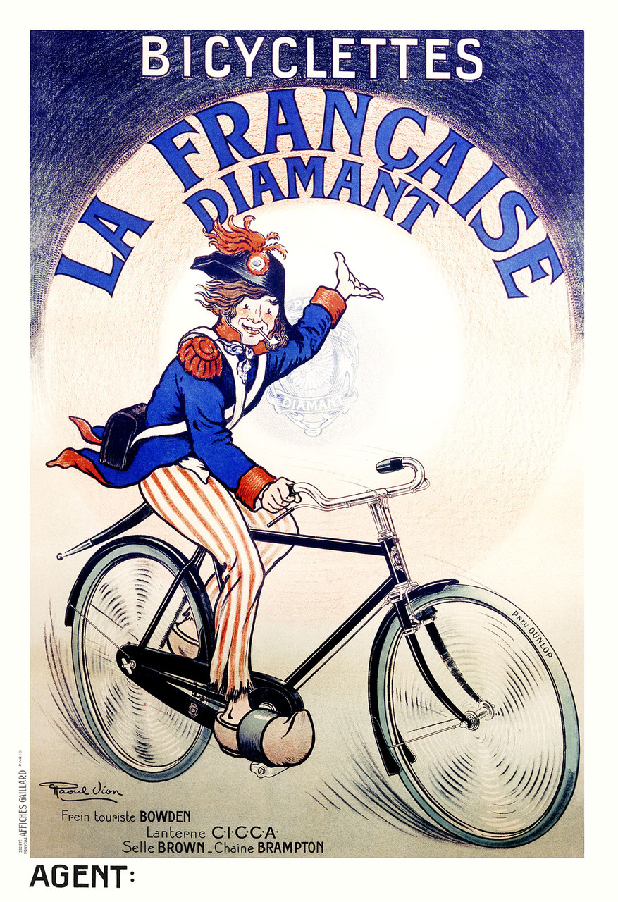 Bicyclettes La Francaise Diamant Vintage Poster by Raoul Vion 1918 French Cycles Advertisement – High Quality Giclee Reproduction Fine Art Print. Featuring a playful illustration of a man in a historical outfit with striped pants, joyfully riding a bicycle, while energetically waving his hand.