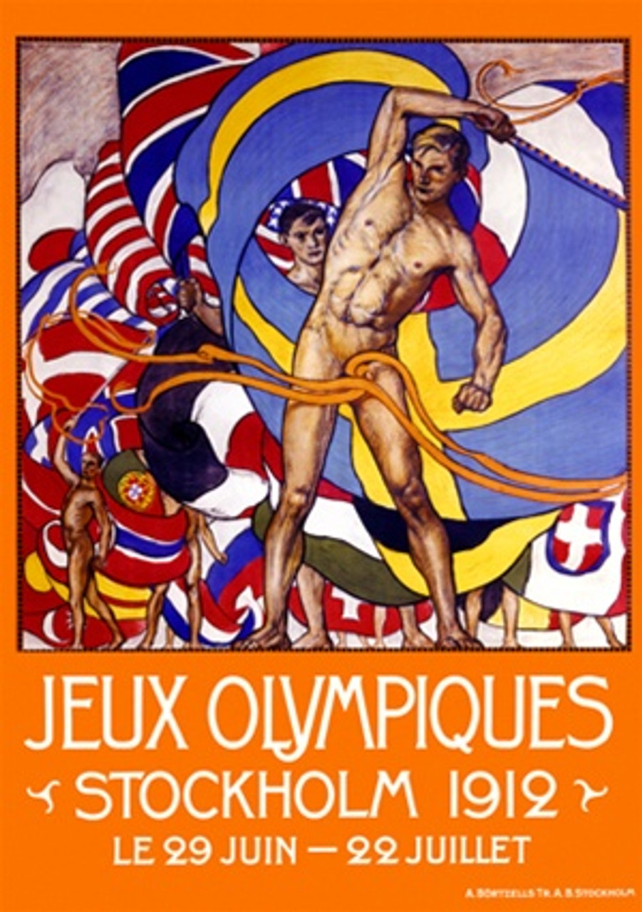 Jeux Olympiques Stockholm Vintage Poster 1912 Swedish Event and Entertainment Advertisement – High Quality Giclee Reproduction Fine Art Print. Featuring a dynamic illustration of athletes in motion, surrounded by swirling national flags, capturing the spirit of the 1912 Olympic Games.