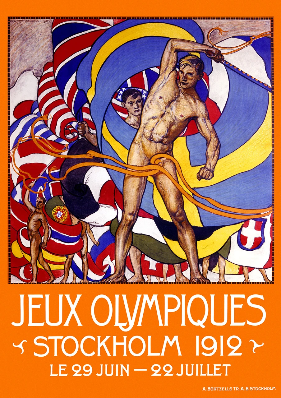 Jeux Olympiques Stockholm Vintage Poster 1912 Sweden Event and Entertainment Advertisement – High Quality Giclee Reproduction Fine Art Print. Featuring a dynamic illustration of athletes in motion, surrounded by swirling national flags, capturing the spirit of the 1912 Olympic Games.