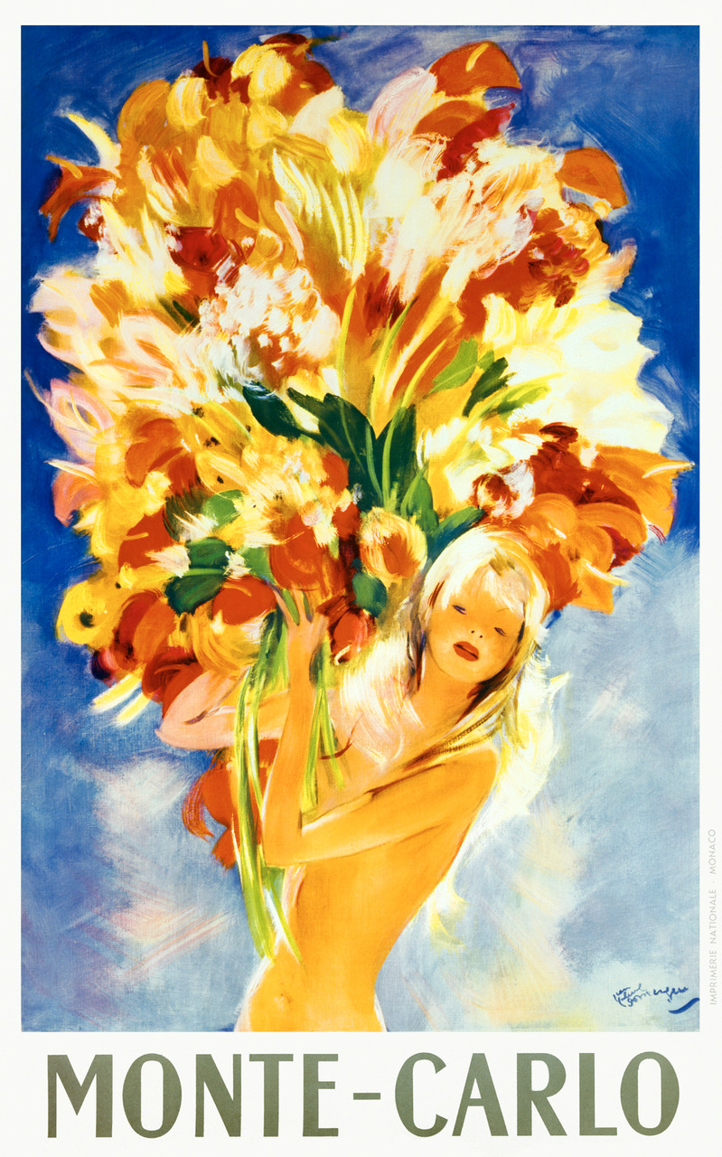 Monte Carlo travel poster by Jean Gabriel Domergue from 1952 France Vintage Poster. French travel poster features a nude blonde woman with a huge bouquet of flowers against a blue background. Giclee Advertising Prints. Classic Posters Reproductions