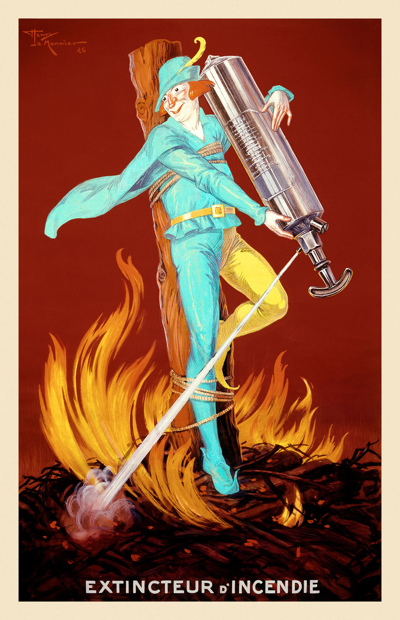 Extincteur d'Incendie Vintage Poster by Henry Le Monnier 1926 French Fire Extinguisher Advertisement  – High Quality Giclee Reproduction Fine Art Print. Featuring a playful illustration of a colorful jester, dressed in blue and yellow, spraying water from a fire extinguisher to douse flames, with a bright red background and dynamic smoke effects.