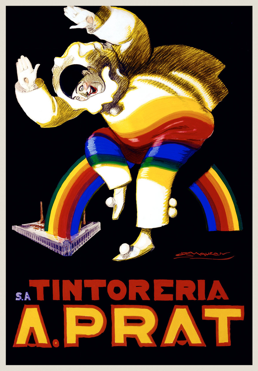 SA Tintoreria A. Prat Vintage Poster by Achille Luciano Mauzan 1931 French Clothing Advertisement – High Quality Giclee Reproduction Fine Art Print. Featuring a colorful and playful illustration of a clown with rainbow-striped pants, jumping across a vibrant rainbow, promoting the cleaning service.