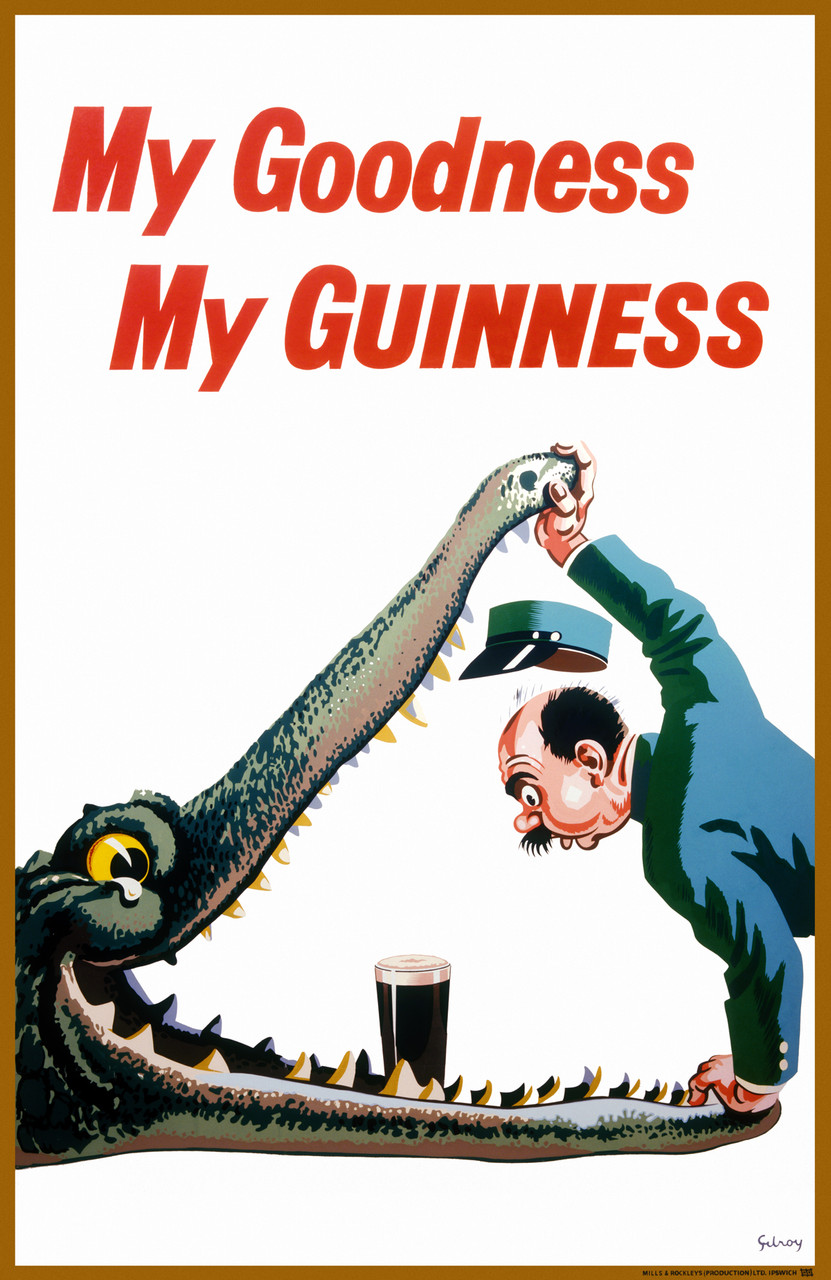 My Goodness My Guinness 1936 England  Vintage Poster Reproduction. This vertical English wine and spirits poster features a zoo keeper holding open the jaws of an crocodile leaning in to find a pint of beer. Giclee Advertising Print. Classic Posters