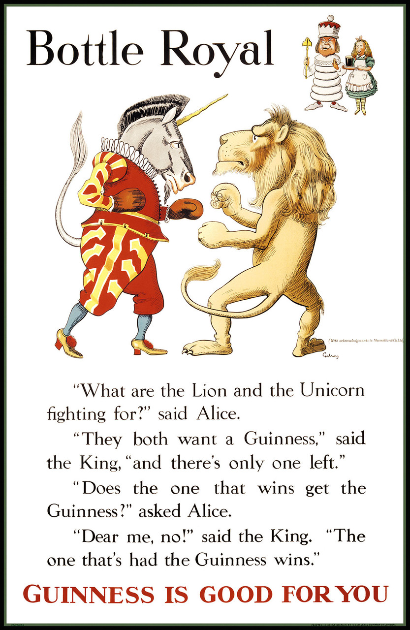 Bottle Royal Guinness Is Good For You Vintage Poster by John Gilroy 1931 English Beer Advertisement – High Quality Giclee Reproduction Fine Art Print. Featuring a playful illustration of a lion and a unicorn engaged in a boxing match over a pint of Guinness, inspired by Lewis Carroll’s Through the Looking-Glass, with the King and Alice in the right corner holding a glass of beer, further enhancing the literary charm.