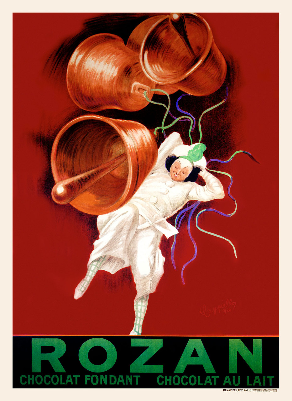 Rozan Chocolat Vintage Poster by Leonetto Cappiello 1920 French Chocolate Advertisement – High Quality Giclee Reproduction Fine Art Print. Featuring a joyful Pierrot figure in white, dancing with large ringing bells against a rich red background, evoking the delight of indulging in fine chocolate.