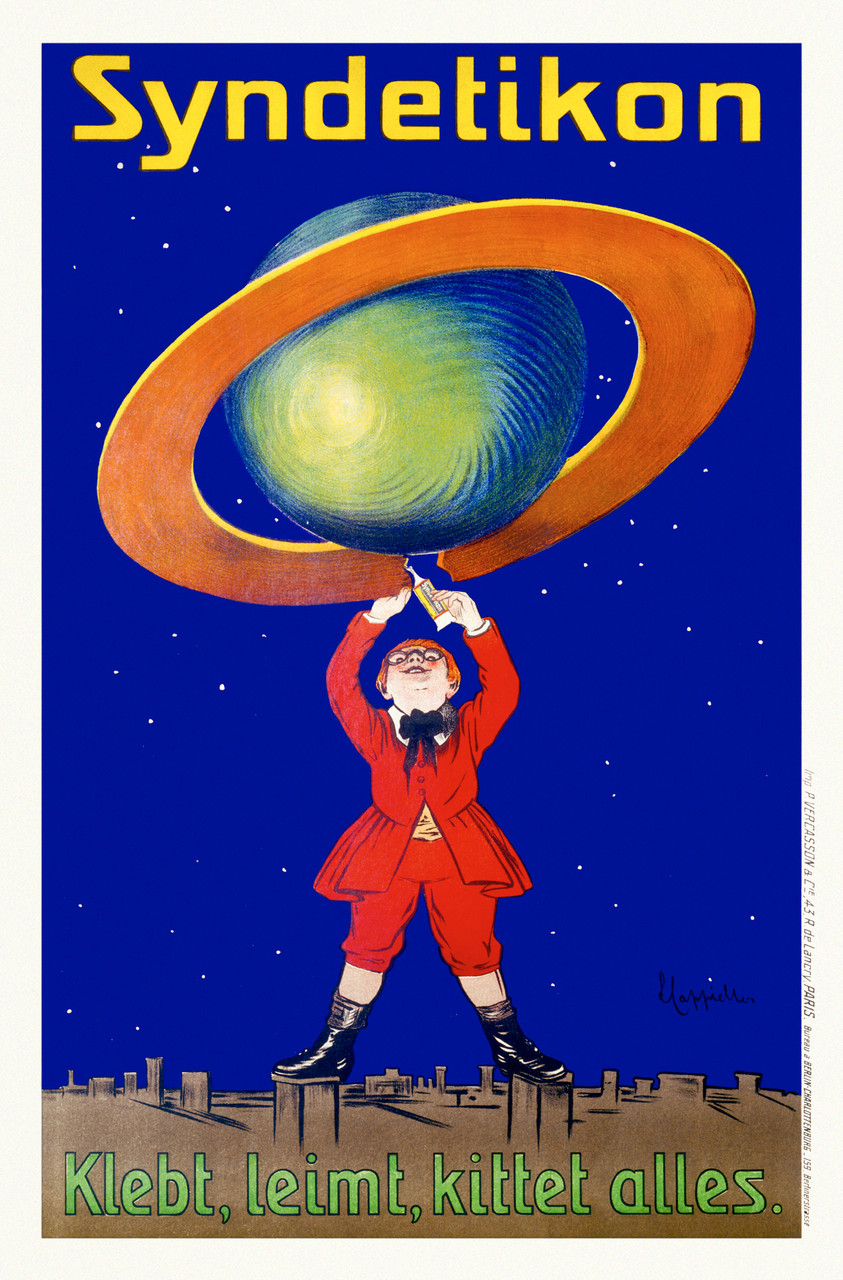 Syndetikon Vintage Poster by Leonetto Cappiello 1905 French Adhesive Glue Advertisement – High Quality Giclee Reproduction Fine Art Print. Featuring a whimsical illustration of a small man in a red suit using Syndetikon glue to hold together the ring of Saturn against a deep blue starry sky.