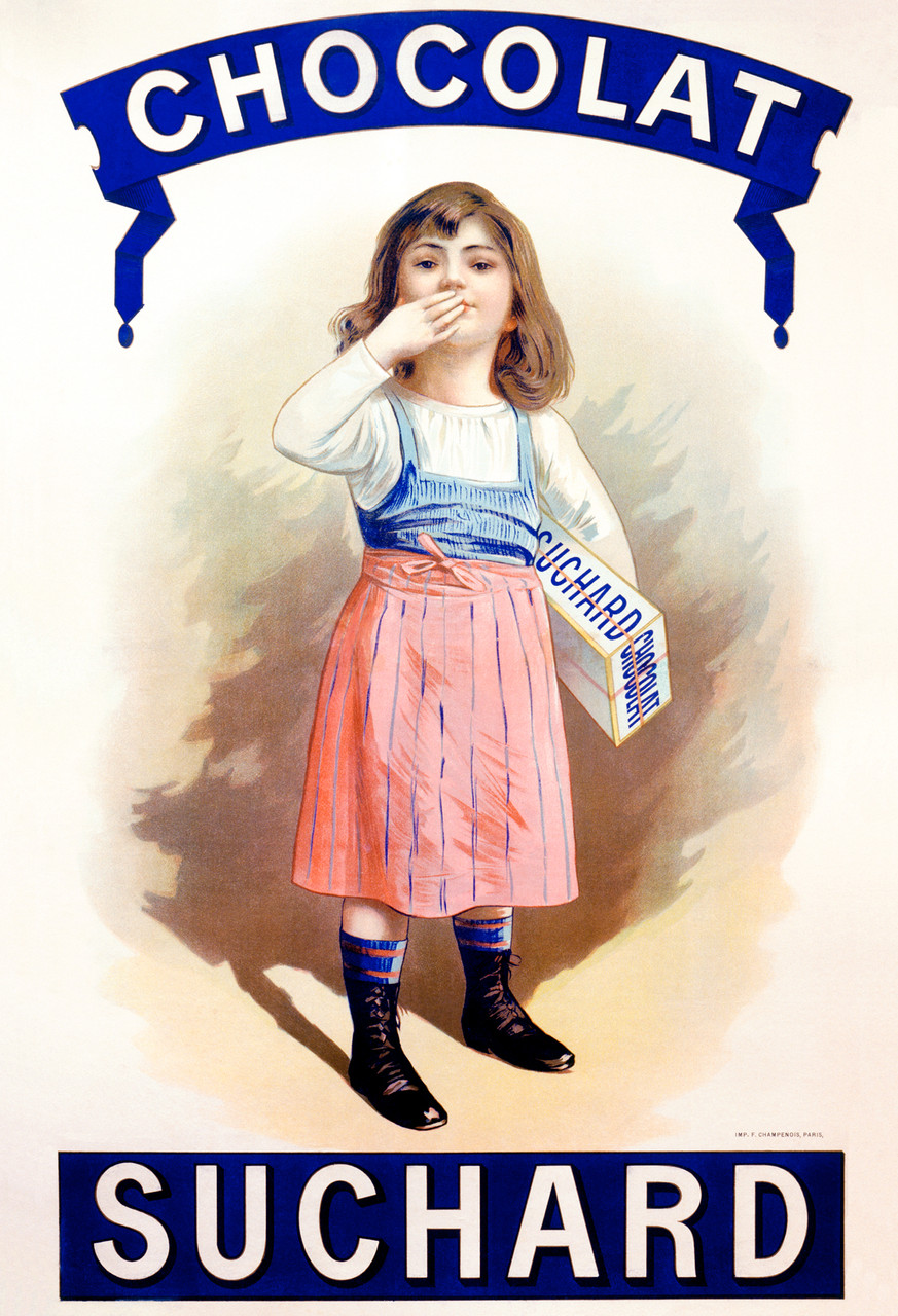 Chocolat Suchard by Imp. Champenois 1900 France Vintage Poster Reproduction. This French culinary / food poster features a girl in a blue and pink dress getting ready to blowing a kiss holding a box of chocolate. Giclee Advertising Print. Classic Posters