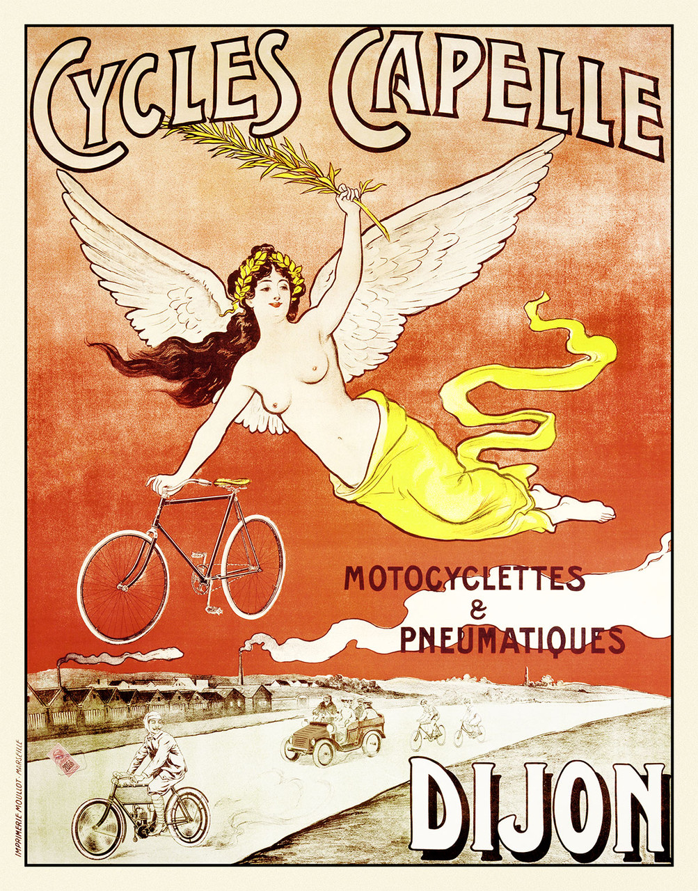Cycles Capelle Vintage Poster by Imp. Moullot 1907 French Bicycle Advertisement – High Quality Giclee Reproduction Fine Art Print. Featuring a celestial winged goddess gracefully soaring through the sky, holding a bicycle in one hand and an olive branch in the other.