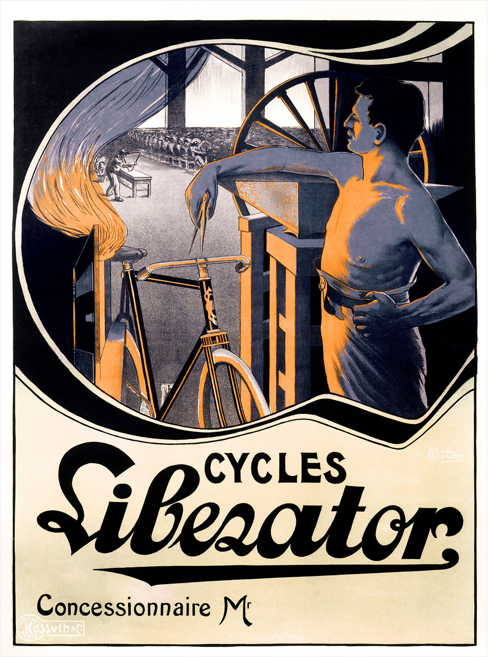 Cycles Liberator Vintage Poster by Butteri 1899 French Bicycle Advertisement – High Quality Giclee Reproduction Fine Art Print. Featuring a striking Art Nouveau design with a muscular blacksmith proudly admiring a finely crafted bicycle in a glowing industrial setting, symbolizing strength and innovation.
