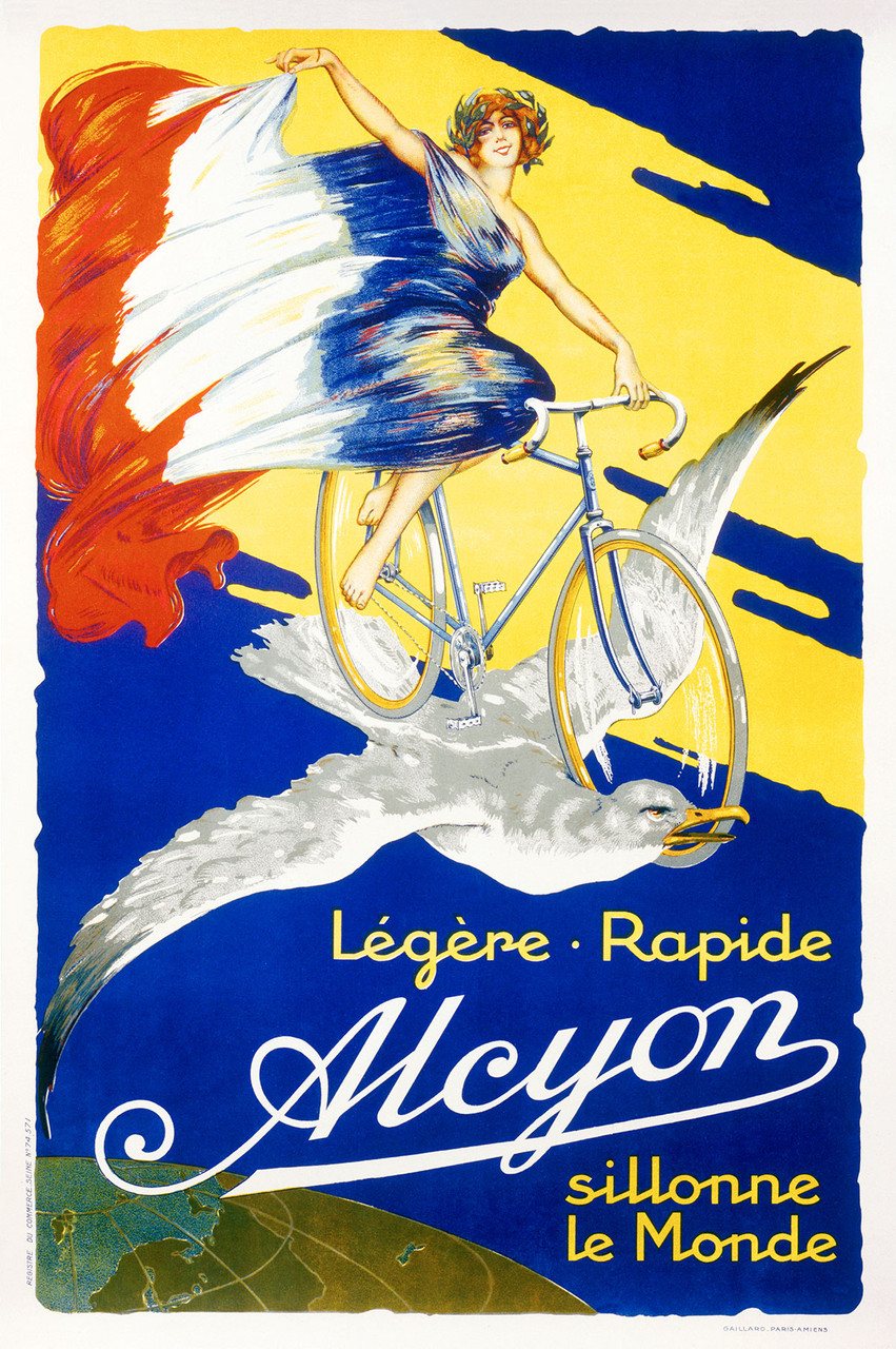 Alcyon Legere Rapide Vintage Poster by Imp. Gaillard 1926 French Bicycle Advertisement – High Quality Giclee Reproduction Fine Art Print. Featuring a striking Art Deco illustration of a woman in a flowing French flag dress riding a bicycle through the sky, symbolizing speed and elegance with a giant alcyon bird in flight.