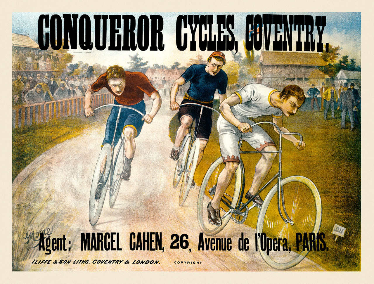 Conqueror Cycles Coventry Vintage Poster by Moore 1897 English Bicycle Advertisement – High Quality Giclee Reproduction Fine Art Print. Featuring three intense cyclists racing on a dirt track, their determination evident as they speed past cheering spectators, promoting Conqueror Cycles of Coventry with dynamic realism. Horizontal poster.
