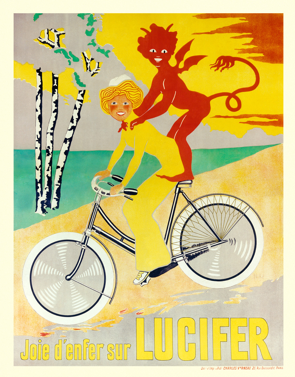 Cycles Bicycles Lucifer by Nike 1906 French Vintage Poster Reproduction. This vertical French transportation poster features a woman in yellow riding a bike down a hill with a red devil on her back. Giclee Advertising Print. Classic Posters