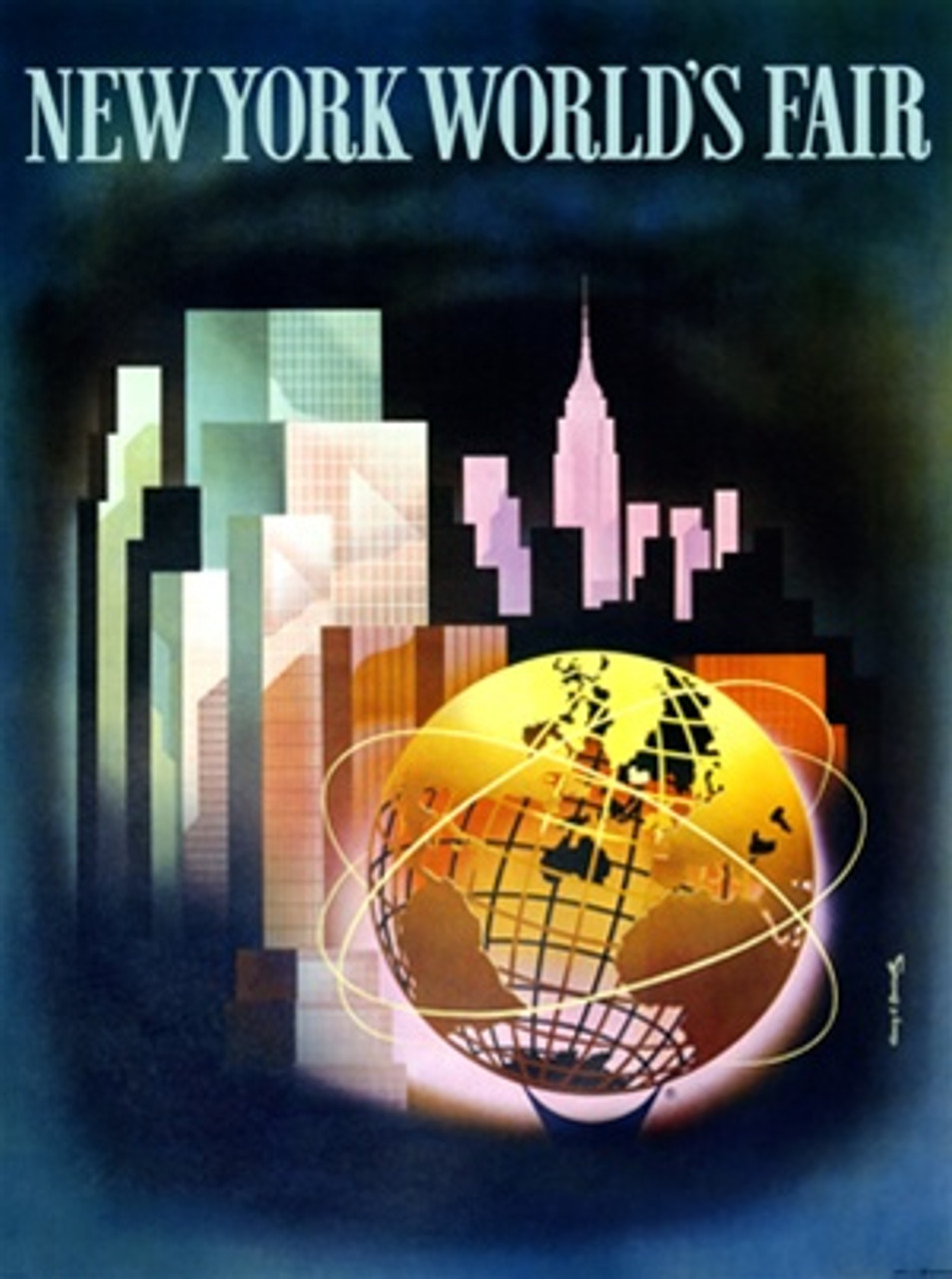 New York World's Fair by Bencathy 1963 America/USA - Vintage Poster Reproductions. This vertical American exhibition poster features the skyline at night with a gold globe in front of it surrounded by clouds. Giclee Advertising Print. Classic Posters