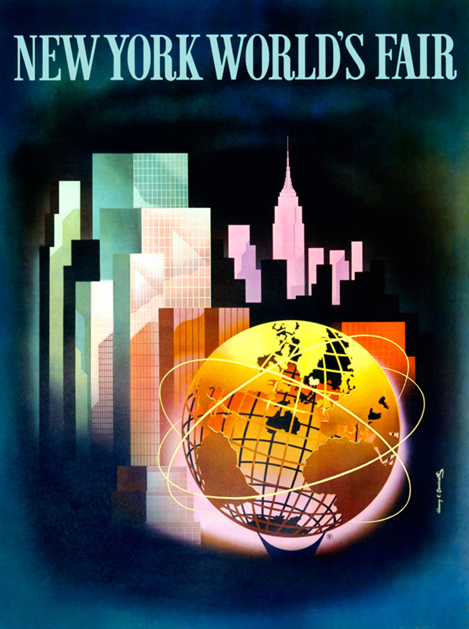 New York World’s Fair Vintage Poster by Henry K. Benscathy 1963 American Travel Advertisement – High Quality Giclee Reproduction Fine Art Print. Featuring a futuristic depiction of New York City’s skyline with the Unisphere in the foreground, glowing in golden hues, symbolizing global unity and innovation.