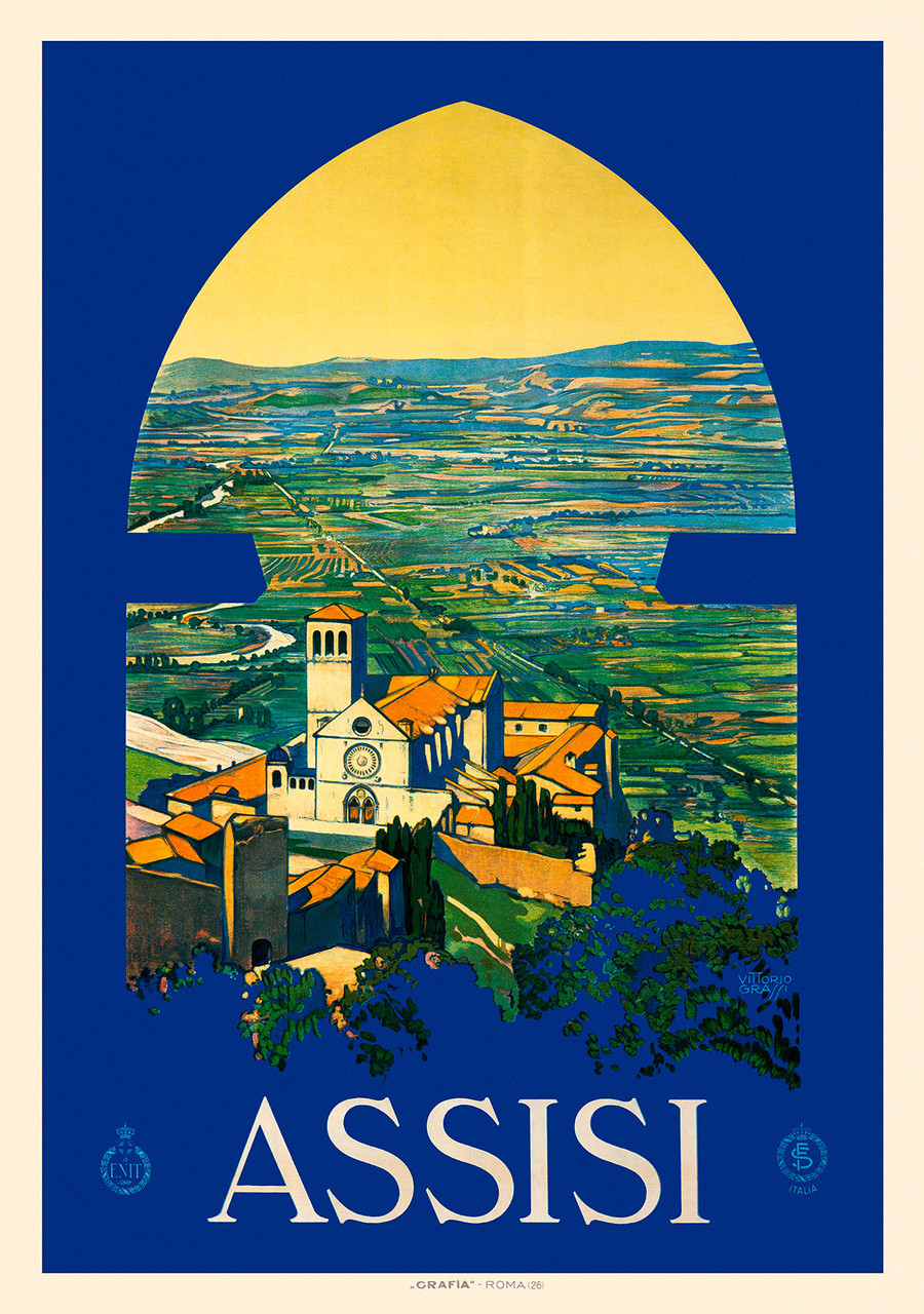 Assisi Italy Vintage Poster by Vittorio Graffi 1926 Italian Travel Advertisement – High Quality Giclee Reproduction Fine Art Print. Featuring a stunning view of Assisi framed within a stylized medieval keyhole design, with rolling countryside and historic architecture bathed in golden light.