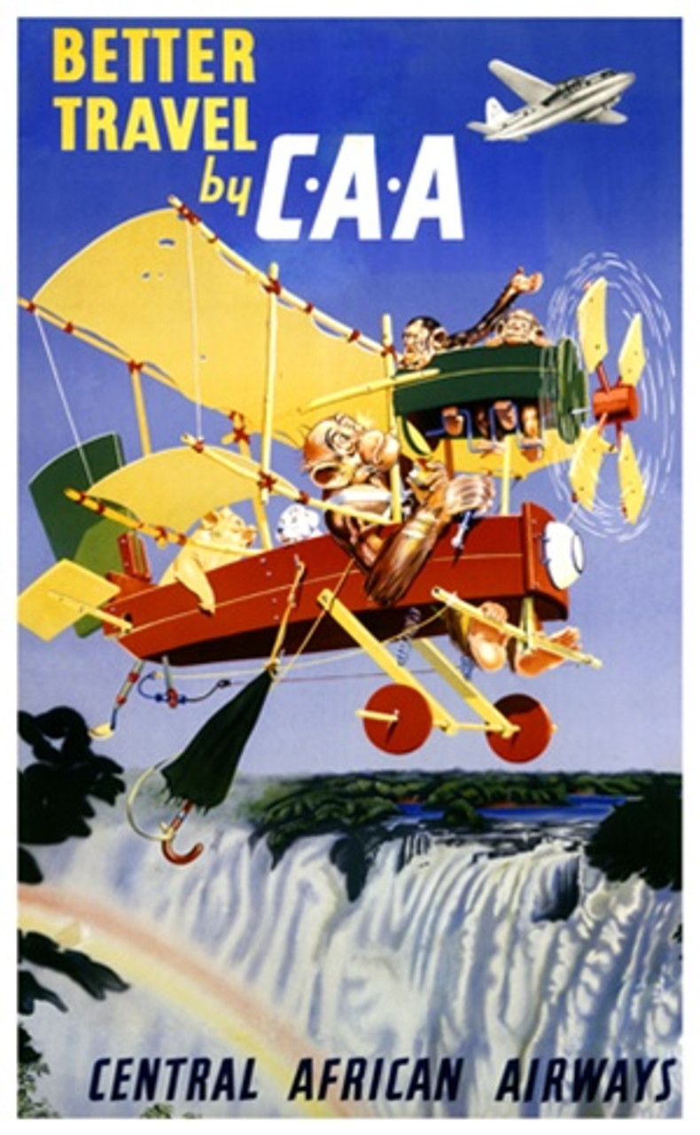 Central African Airlines 1952 Africa - Vintage Poster Reproductions. This African travel poster features a makeshift plane flown by monkeys with a pig and dog as passengers flying over a waterfall and rainbow. Giclee Advertising Print. Classic Posters