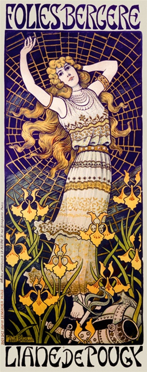 Folies Bergere Liane de Pougy poster by Berthon 1898 French - Vintage Postesr Reproductions. This French theater poster features a woman in a field of flowers in front of a spiders web with helmet at her feet. Giclee Advertising Print. Classic Posters