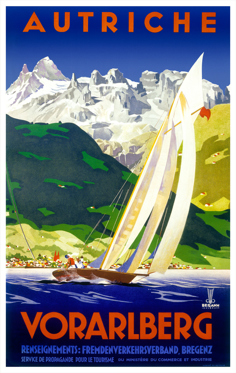 Vorarlberg poster by Berann 1927 Austria - Beautiful Vintage Poster Reproduction. This vertical Austrian travel poster features a sailboad on the sea heeling in the wind with snow cap mountains in the distance. Giclee Advertising Print. Classic Posters