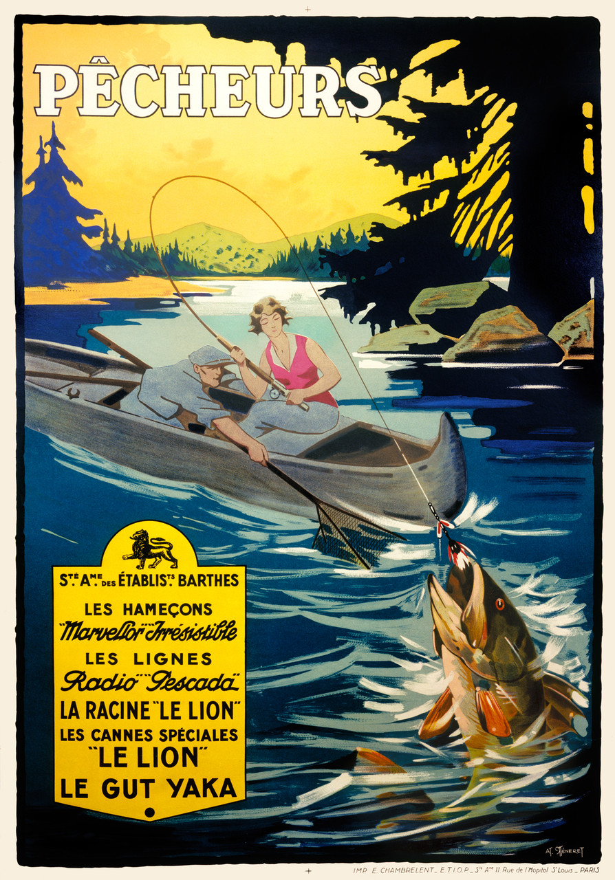 Pecheurs Fishing by AT Meneret 1930 France Vintage Poster Reproduction. French travel poster features a couple in a boat fishing. The woman has a fish on her line and the man holds a net. Giclee Advertising Prints. Classic Posters