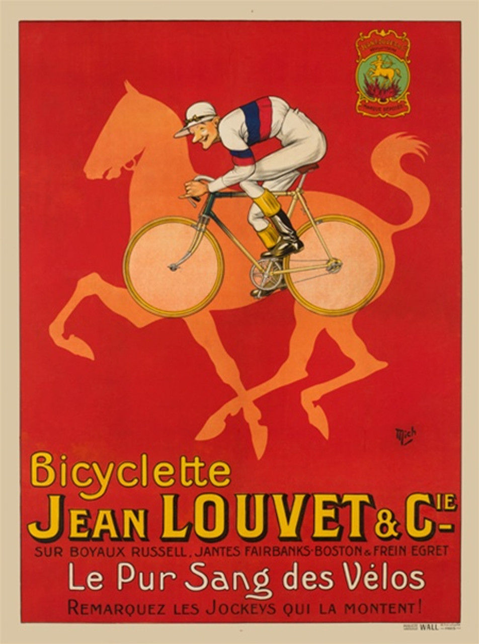 Bicyclette Jean Louvet and Cie by Mich 1922 France - Vintage Poster Reproductions. This vertical French transportation poster features a man on a bike over the outline of a orange horse over a red background. Giclee Advertising Print. Classic Posters