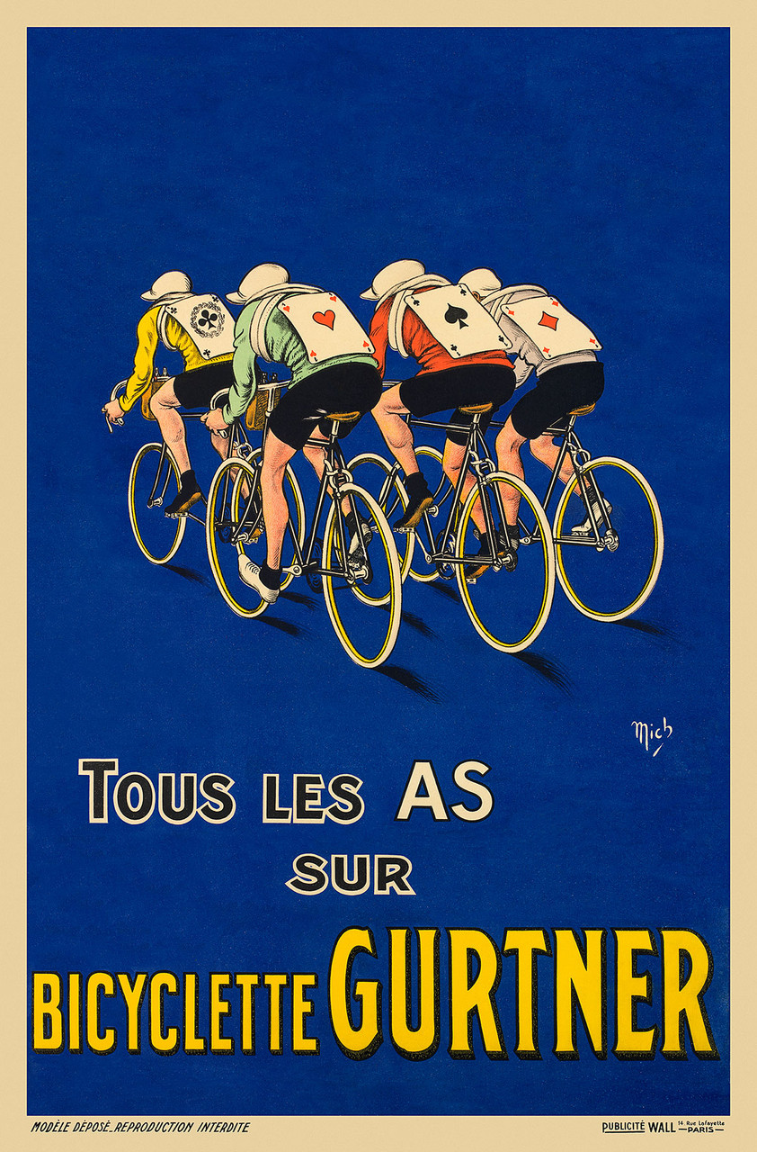 Bicyclette Gurtner Vintage Poster by Mich (Michael Liebeaux) 1918 French Bicycle Advertisement - High Quality Giclee Reproduction Fine Art Print. Featuring a bold and dynamic illustration of four cyclists racing in formation, each wearing jerseys adorned with playing card suits, promoting the Gurtner bicycle brand.