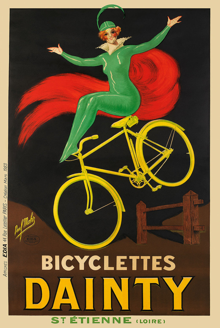 Bicyclettes Dainty Vintage Poster by Paul Mohr 1923 French Bicycle Advertisement - High Quality Giclee Reproduction Fine Art Print. Featuring a striking illustration of a stylish woman in a green bodysuit and flowing red scarf, elegantly balancing on a bright yellow cycle.