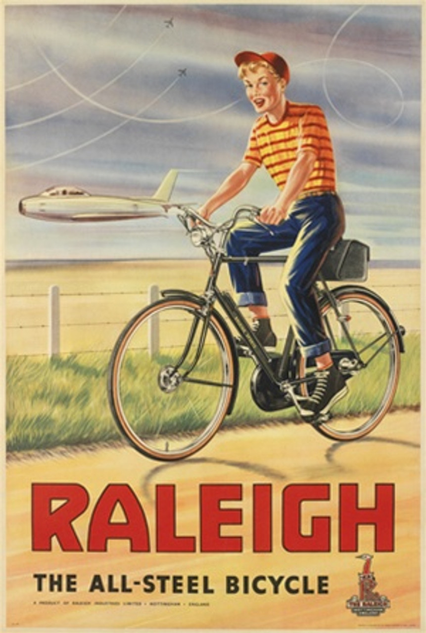Raleigh 1960 England - Beautiful Vintage Poster Reproductions. English transportation poster features a boy on a bike riding on a road next to a field with a planes flying parallel to him. Giclee Advertising Print. Classic Posters