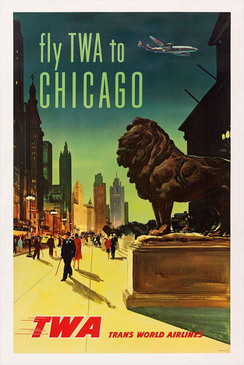 Fly TWA to Chicago Vintage Poster 1958 American Travel Advertisement - High Quality Giclee Reproduction Fine Art Print. Featuring a stunning illustration of Chicago’s Michigan Avenue with the Art Institute lion statue in the foreground and a TWA airplane soaring above, promoting air travel to windy city.