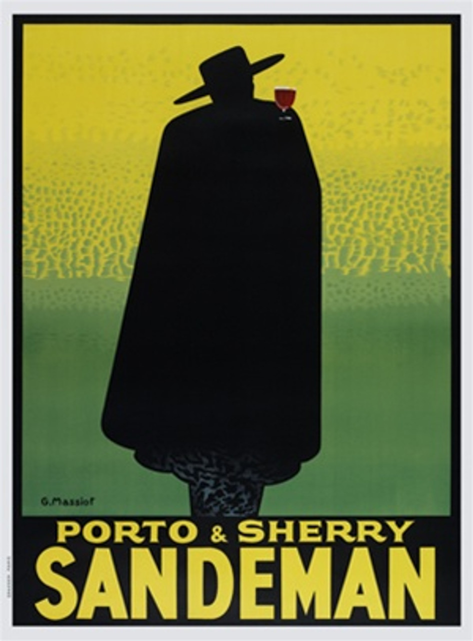 Sandeman Porto and Sherry by G. Massiot 1931 France - Vintage Poster Reproductions. French wine port sherry poster features a silouette of a man in a black cape and hat hoding a glass of port on a yellow green. Giclee Advertising Print. Classic Poster