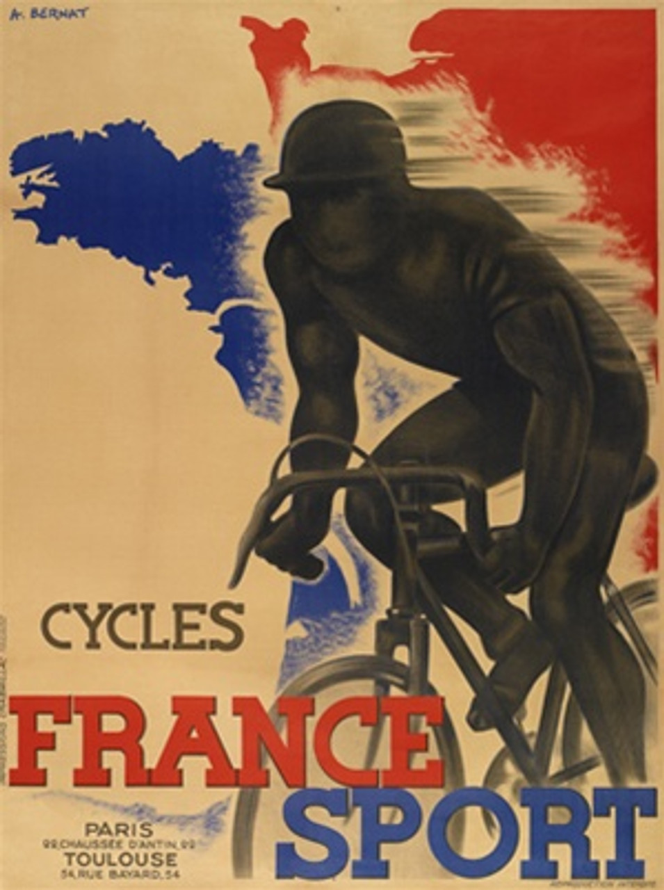 Cycles France Sport by A. Bernat 1920 France - Vintage Poster Reproductions. This French transportation poster features a shadowy cyclist racing past a background with a blue and red France against off white. Giclee Advertising Print. Classic Posters