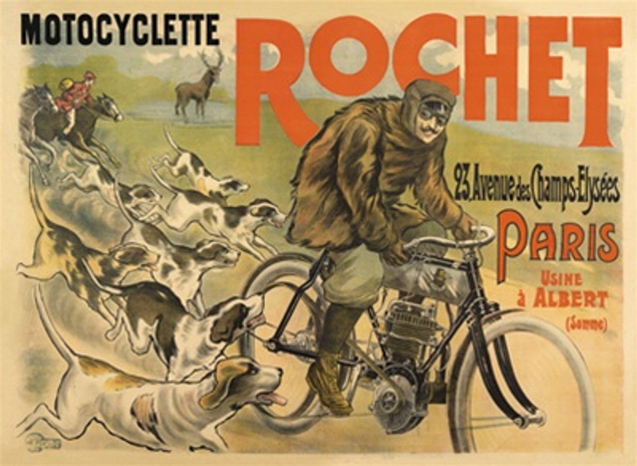 Motocyclette Rochet by Affiches Kossuth and Cie 1904 France - Vintage Poster Reproductions. This horizontal French poster features a man on a motorcycle with dogs chasing him and horses and deer in the background. Giclee Advertising Print. Classic Poster