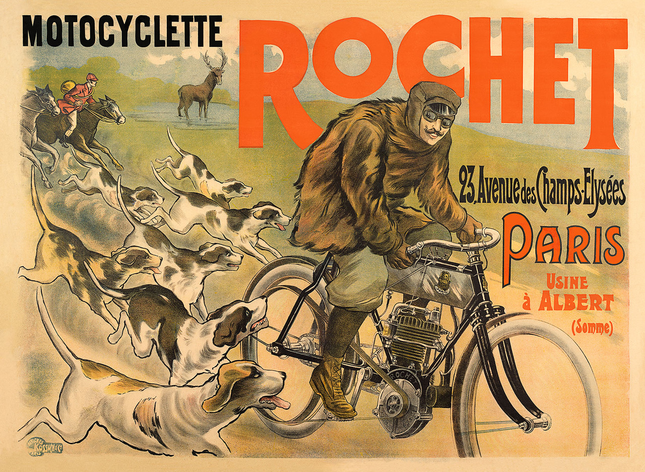 Motocyclette Rochet Vintage Poster by Affiches Kossuth & Cie 1904 French Motorcycles Advertisement - High Quality Giclee Reproduction Fine Art Print. Featuring a thrilling illustration of a motorcyclist in vintage riding gear speeding alongside a pack of hunting dogs, with a horse rider and deer in the background. Horizontal Poster.