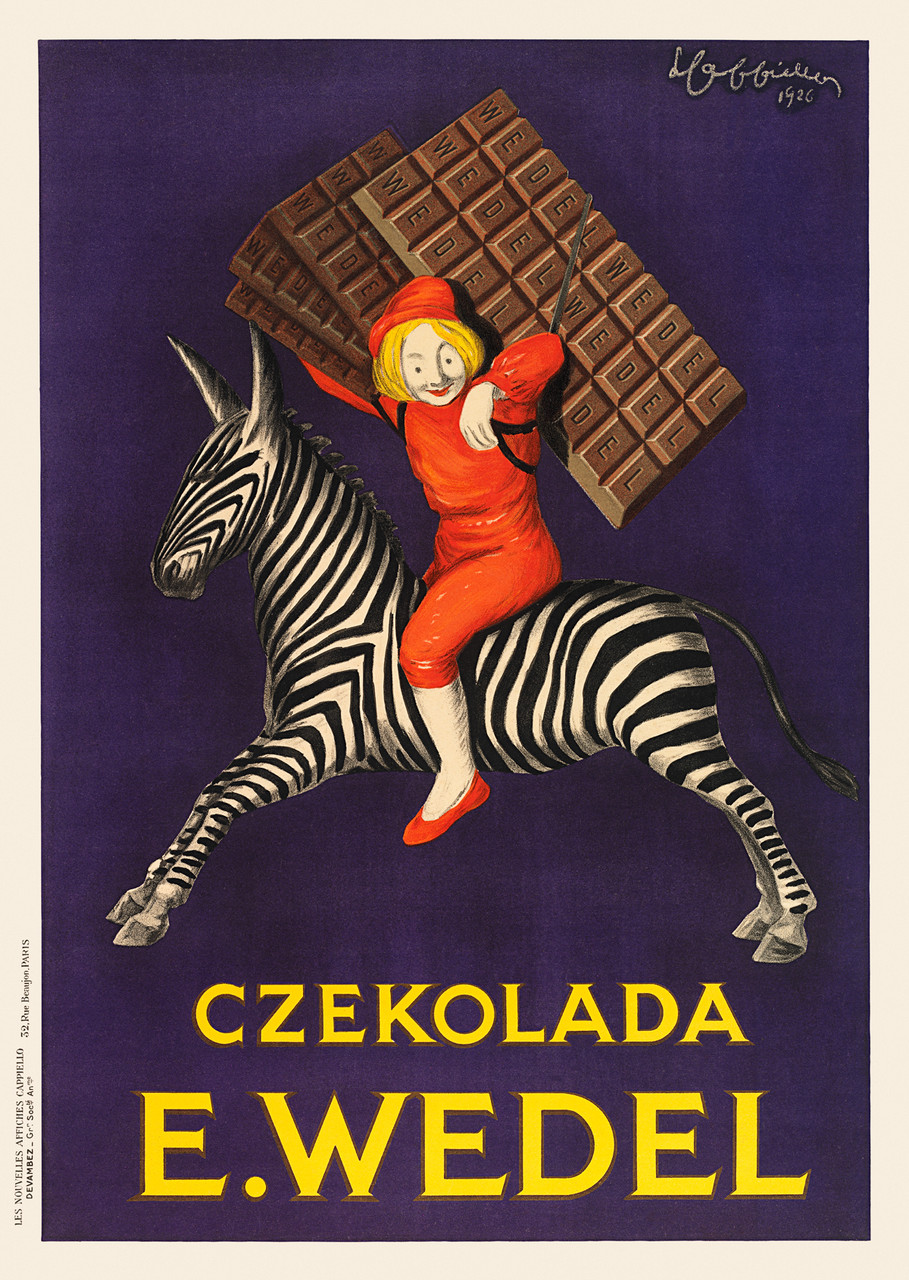 Czekolada E. Wedel by Cappiello 1926 France Vintage Poster Reproduction. This French poster features a boy in red suit and hat riding on a zebra carrying Polish chocolate bars on his back on a purple background. Giclee Advertising Print. Classic Posters