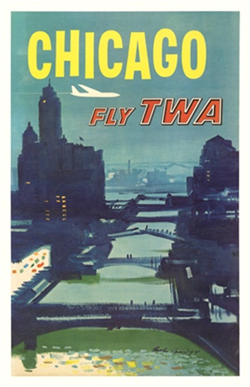 Chicago Fly TWA by Austin Briggs 1955 America - Vintage Poster Reproductions. This American travel poster features an night view of the River with bridges and skyscrapers on the sides as a plane flies over. Giclee Advertising Print. Classic Posters