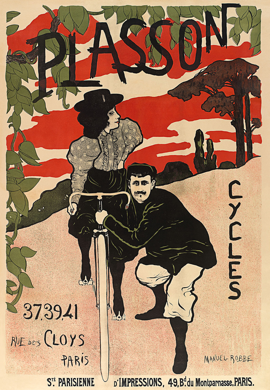 Cycles Plasson Vintage Poster by Manuel Robbe 1897 French Bicycle Advertisement - High Quality Giclee Reproduction Fine Art Print. Featuring a striking illustration of a stylishly dressed woman on a bicycle assisted by a man, set against a bold red and green background, promoting Plasson bicycles in Paris.