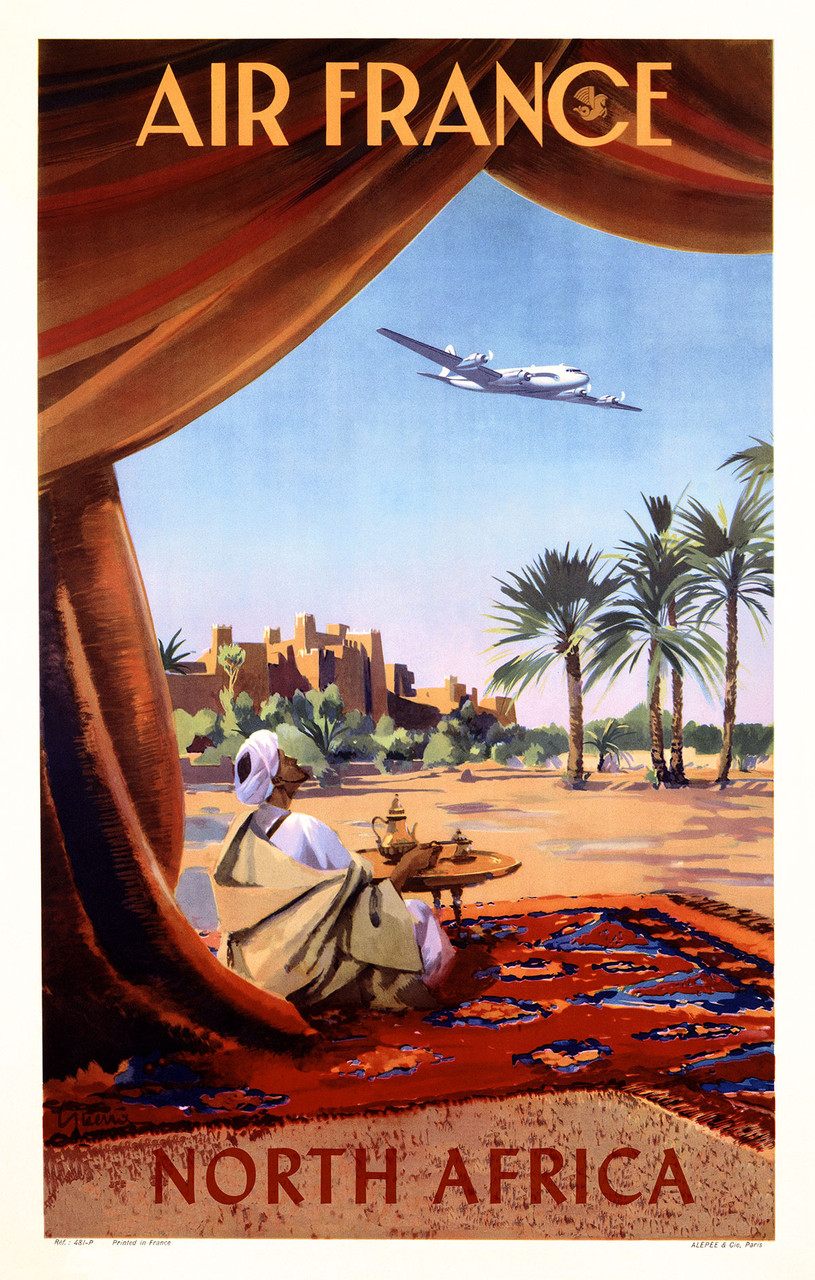 Air France North Africa Vintage Poster by Guerre 1952 French Travel Advertisement - High Quality Giclee Reproduction Fine Art Print. Featuring a serene desert scene framed by flowing drapery, with a man enjoying tea on a colorful rug while an Air France airplane soars above palm trees and a distant kasbah.