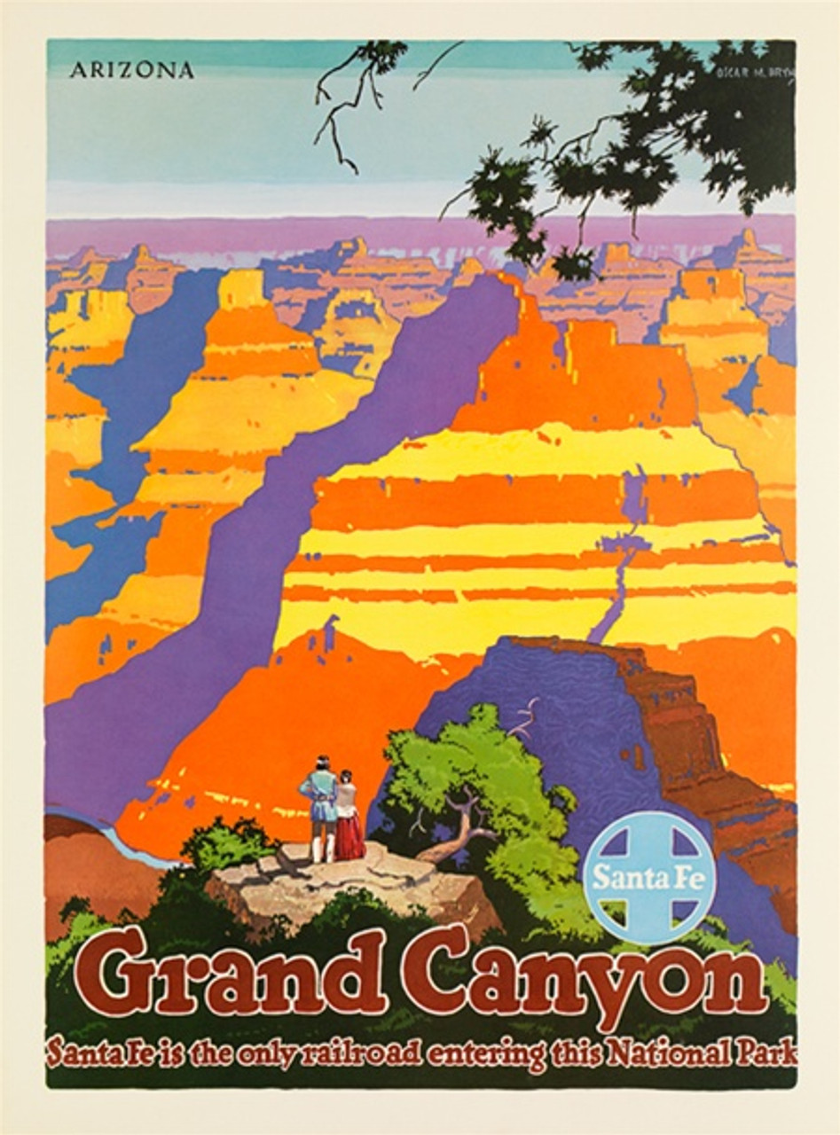Grand Canyon Santa Fe Vintage Poster by Oscar M. Bryn 1949 American Travel Advertisement - High Quality Giclee Reproduction Fine Art Print. Featuring a vibrant and colorful illustration of the Grand Canyon, with two travelers admiring the breathtaking landscape, promoting travel via Santa Fe Railroad.