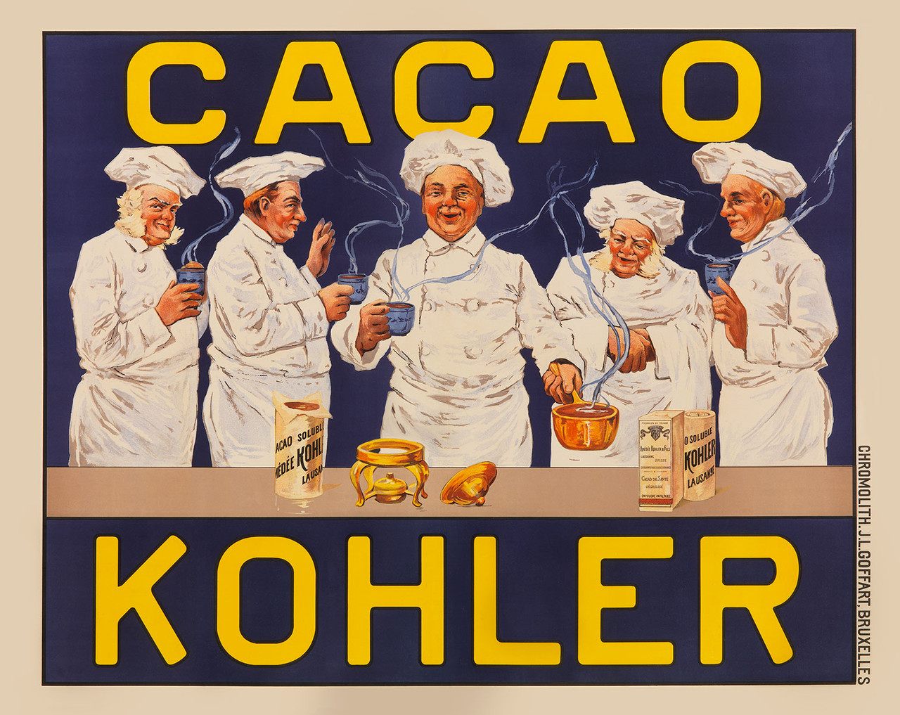 Cacao Kohler Vintage Poster by Imp. L. Goffart 1905 Belgian Cacao Advertisement - High Quality Giclee Reproduction Fine Art Print. Featuring a charming illustration of five cheerful chefs in white uniforms enjoying steaming cups of hot cocoa, promoting the renowned Kohler brand. Horizontal poster.