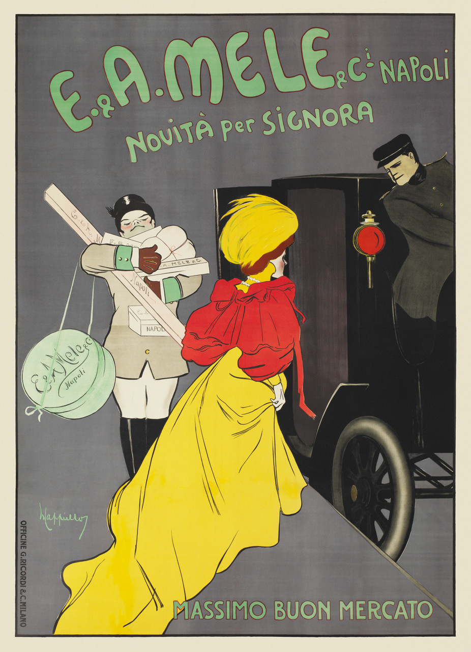 Mele E & A Napoli Novita per Signora 1903 by Leonetto Cappiello -Vintage Poster Reproduction. Poster advertising fashion, department store (new fashions for women) on a gray background woman in a yellow dress getting into a carriage . Giclee advertising prints
