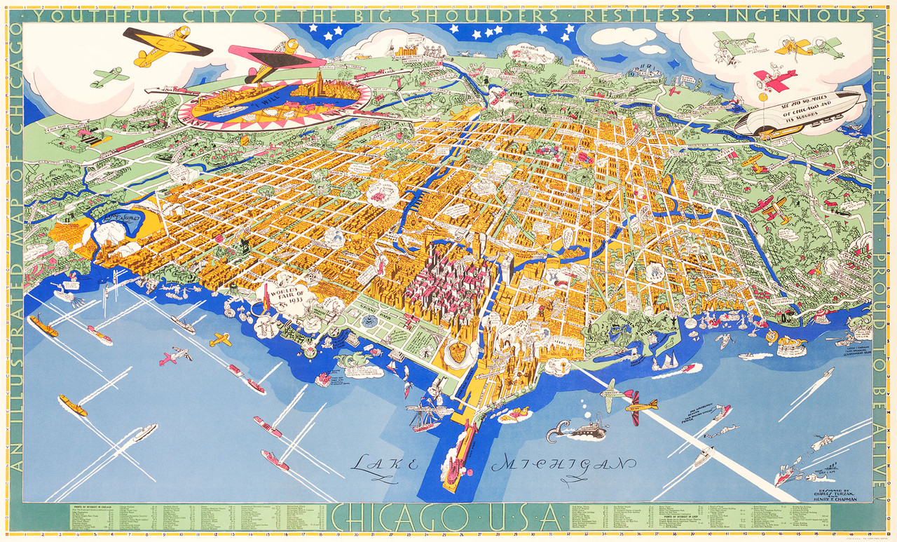 Chicago Map Vintage Poster by Charles Turzak & Henry T. Chapman 1931 American Travel Map Advertisement - High Quality Giclee Reproduction Fine Art Print. Featuring a colorful illustrated map of Chicago with planes flying overhead, ships sailing along the lake, and various landmarks depicted, set against a bright blue and yellow backdrop.