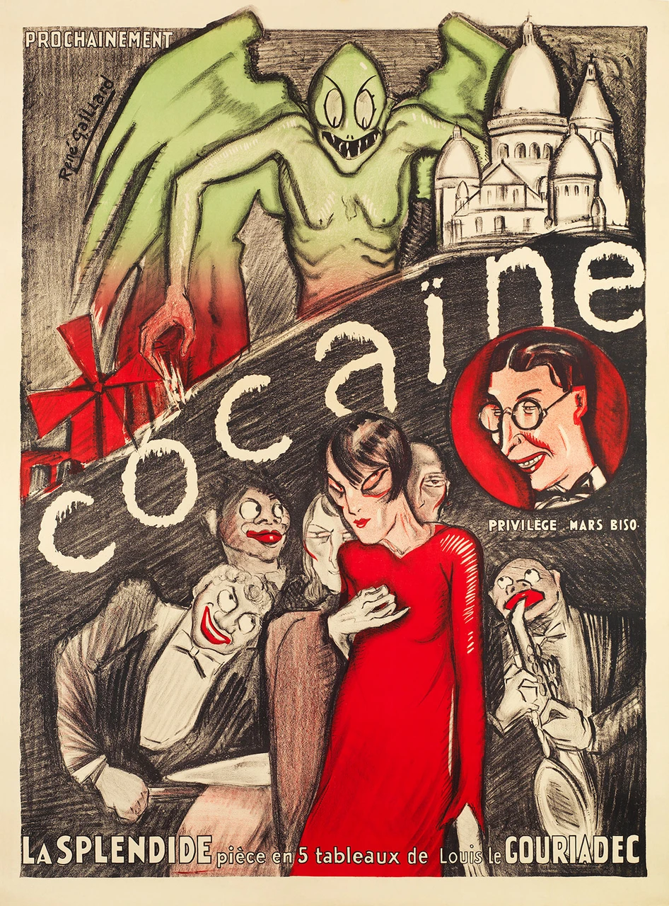 Cocaine Vintage Poster by Rene Gaillard 1926 French Theater Advertisement – High Quality Giclee Reproduction Fine Art Print. Featuring a dramatic and surreal scene with a winged figure in the background, a woman in a red dress, and several sinister figures with exaggerated facial expressions, set against an artistic, contrasting backdrop with the bold text COCAINE.