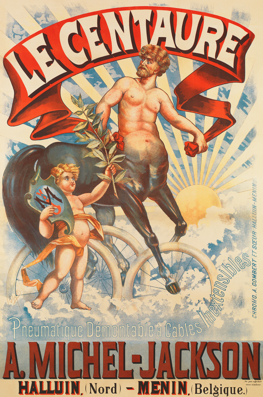 Le Centaure Vintage Poster by Schmidt 1899 Belgian Bicycle Tires Advertisement – High Quality Giclee Reproduction Fine Art Print. Featuring a muscular centaur holding a laurel branch, accompanied by a small angel holding a shield, riding a bicycle. Set against a bright, radiant background with clouds and the sun.