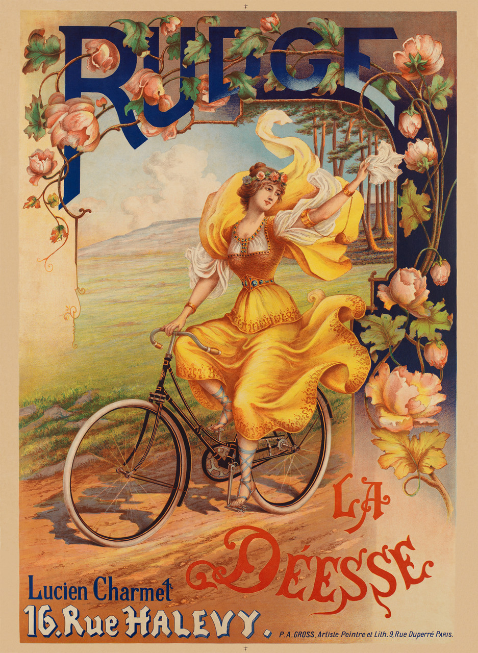 Cycles Rudge La Deesse by Peter Alfred Gross 1900 French Vintage Poster Reproduction. This French transportation poster features a woman in a yellow dress waving as she pedals away on a bicycle circled by pink flowers. Giclee Advertising Print.