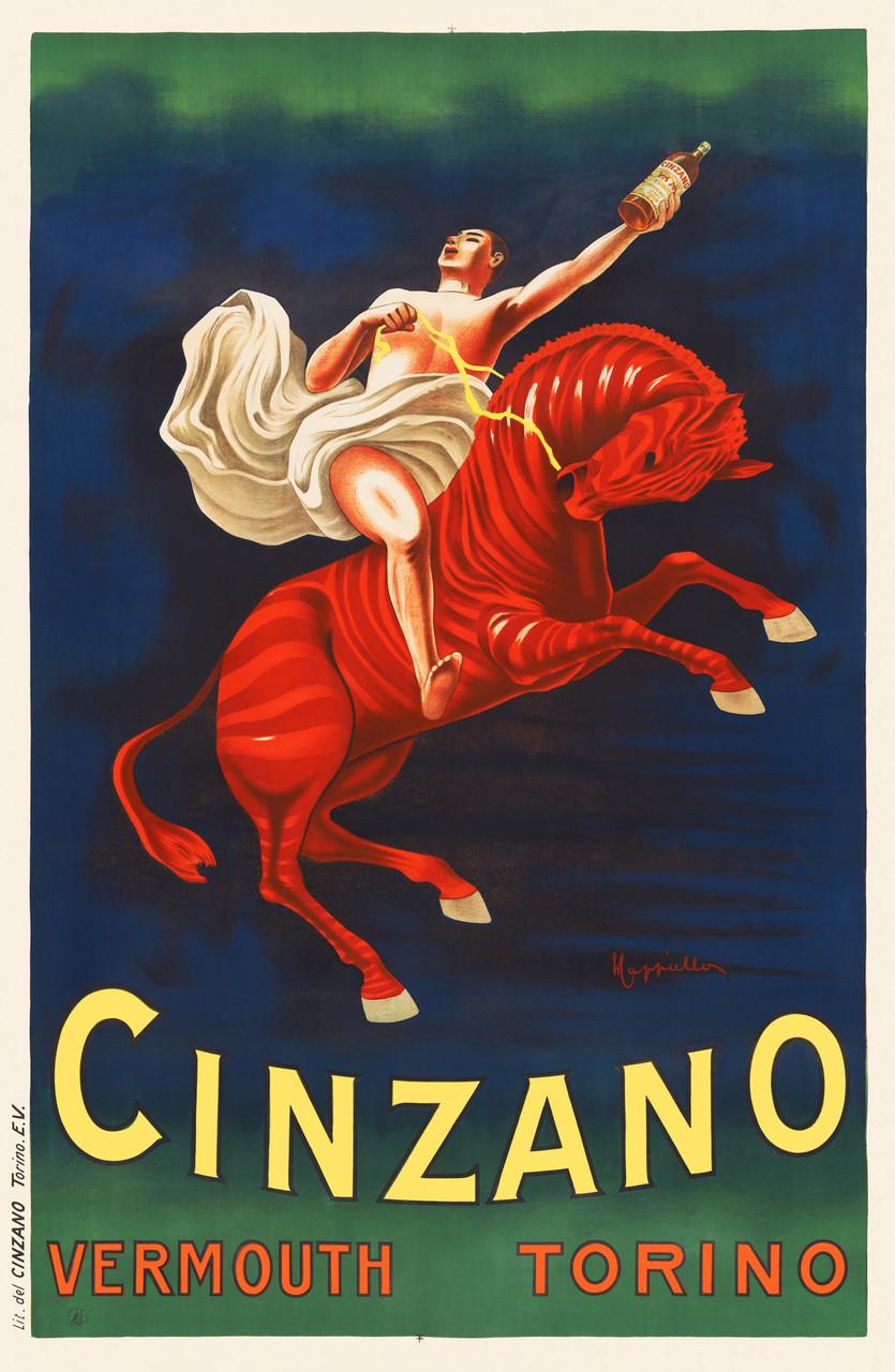 Cinzano Vermouth Torino by L. Cappiello 1910 France - Beautiful Vintage Poster Reproduction. This poster of a half naked man on a galloping red horse holding up vermouth. The striped horse is rearing up against a dark blue and green background.