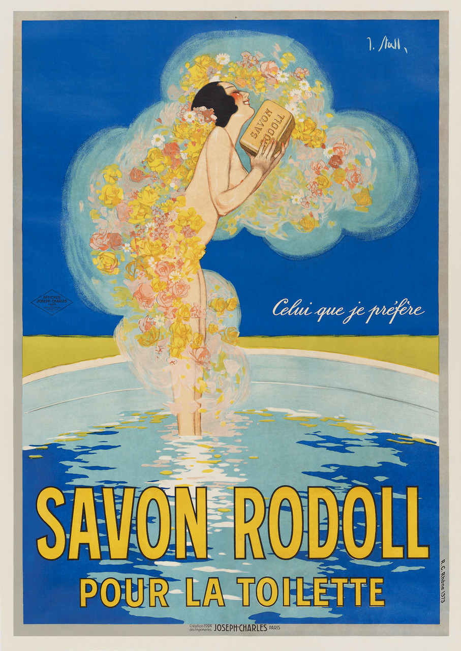 Savon Rodoll by J. Stall France 1924 - Beautiful Vintage Poster Reproduction. French poster features a woman standing in a bath surrounded by flower cloud holding a bar of soap against a blue background. Giclee Advertising Print. Classic Posters